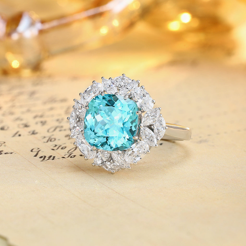 Aqua Blue Cushion Cut Lab-Grown Diamond Halo Ring | NovaVow Rings