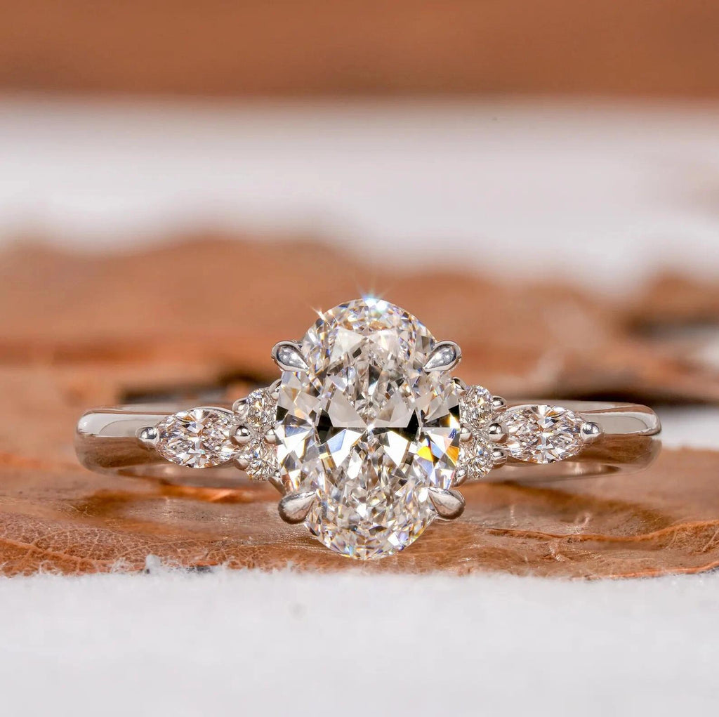 1 Carat Oval Cut Lab Grown Diamond Engagement Ring 18K White Gold Elegant Three Stone Ring for Women