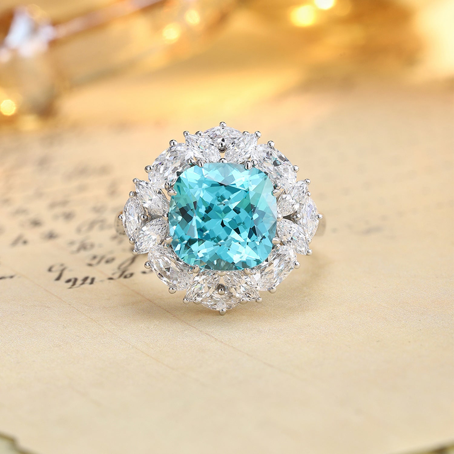 Aqua Blue Cushion Cut Lab-Grown Diamond Halo Ring | NovaVow Rings