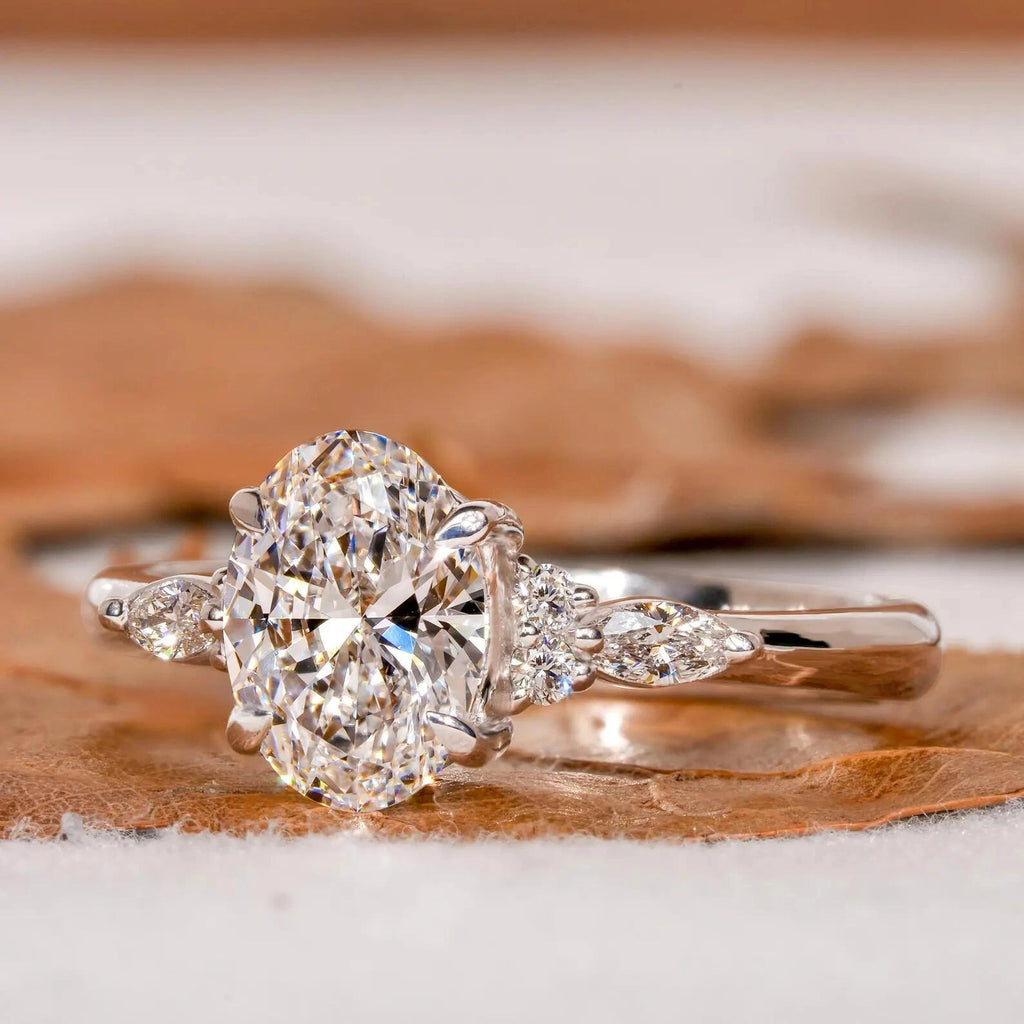 1 Carat Oval Cut Lab Grown Diamond Engagement Ring 18K White Gold Elegant Three Stone Ring for Women