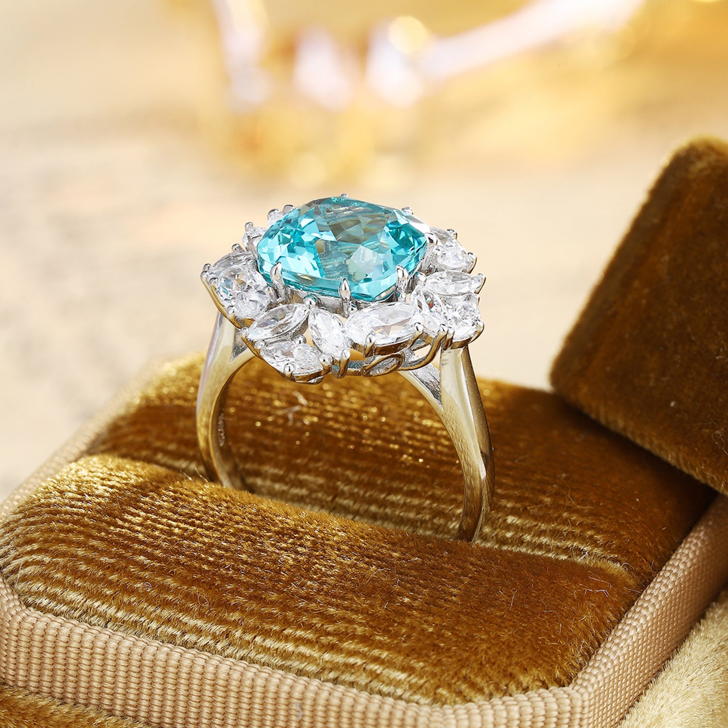 Aqua Blue Cushion Cut Lab-Grown Diamond Halo Ring | NovaVow Rings