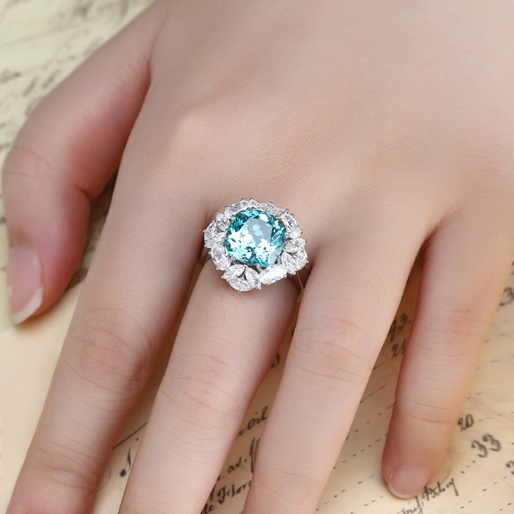 Aqua Blue Cushion Cut Lab-Grown Diamond Halo Ring | NovaVow Rings