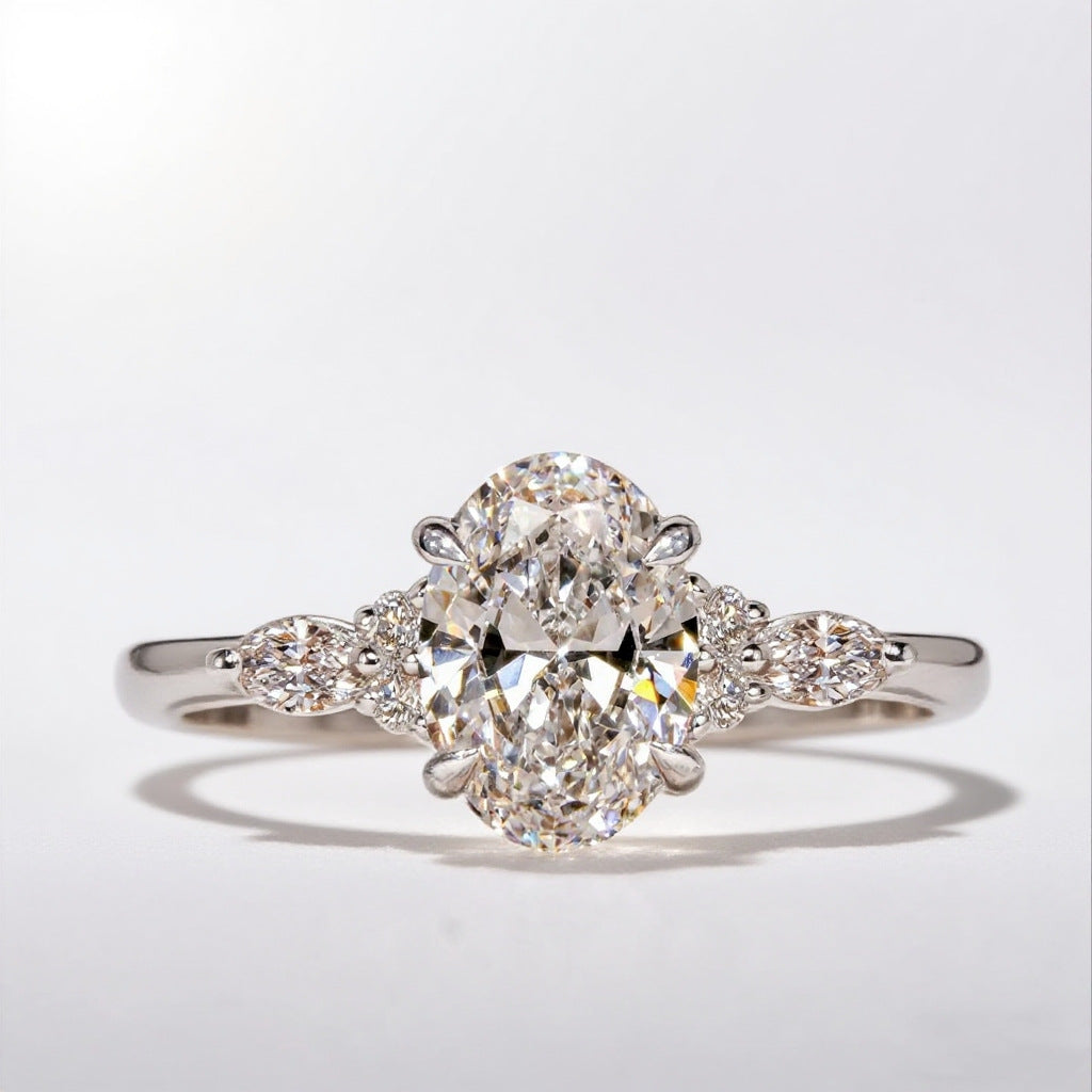 1 Carat Oval Cut Lab Grown Diamond Engagement Ring 18K White Gold Elegant Three Stone Ring for Women