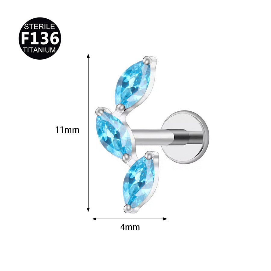 Implant Grade ASTM F136 Titanium Marquise CZ Labret Stud | Internally Threaded Cartilage Helix Tragus Piercing